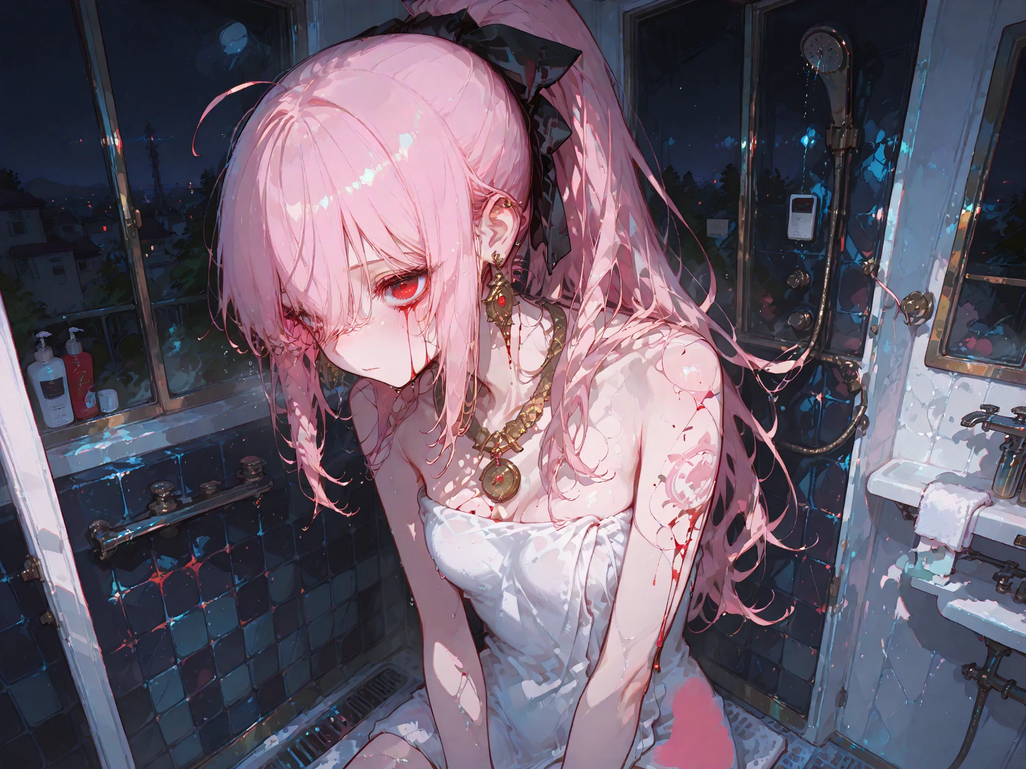 Best image quality, masterpiece, 超High resolution, (Faithfulness:1.4), photograph, 1 Girl, White shirt, Ripped jeans, White sneakers, dim, darkness, despair, disappointing, poor, movie, tears, tears滴, (Torn clothes:1.5), (Wet clothes:1.4), shoulders, Real Rain, Wet Hair,masterpiece, Highest quality, High resolution, {Detailed and beautiful eyes}, finely, Detailed and beautiful eyes,(Hair Ribbon:0.4), Pink Eyes,(((White bun hair))),(((Long pink hair))),Kunimi Tama,