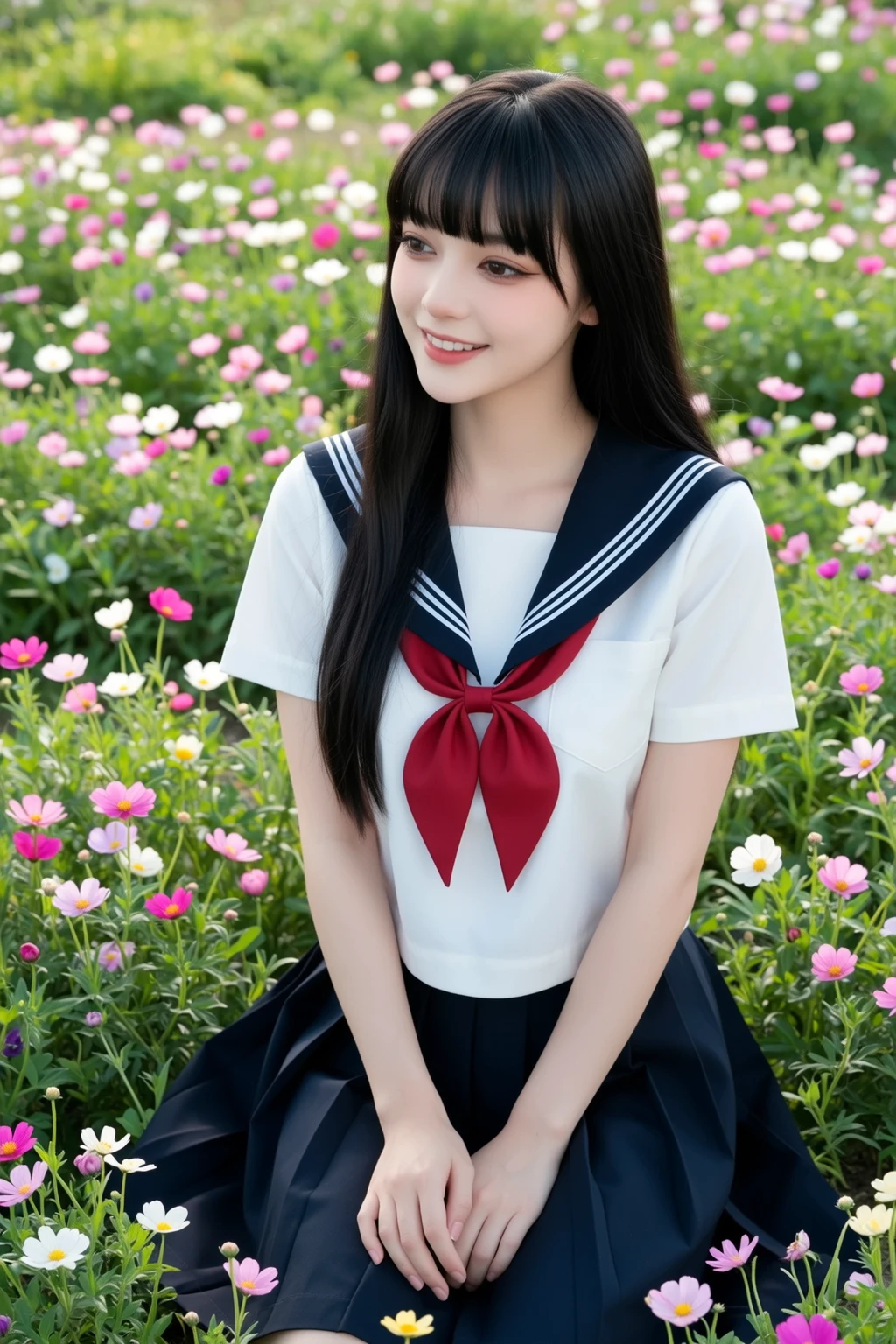 Image resolution 8K、masterpiece:1.3)、Beauty、1 female、(魅力的なbody:1.2)、abdomen:1.1、Dark Brown Hair:1.1、(body:1.2)、Ultra-detailed face、Attractive lips、double eyelid、Super realistic and detailed super cute in a white short sleeved zippered sailor suit and pink skirt、Japanese 、Japanese women、10th generation(17 years old)、Smiling with a nice smile、Hair fluttering in the wind、Playing with a cute puppy on the grass in the park、