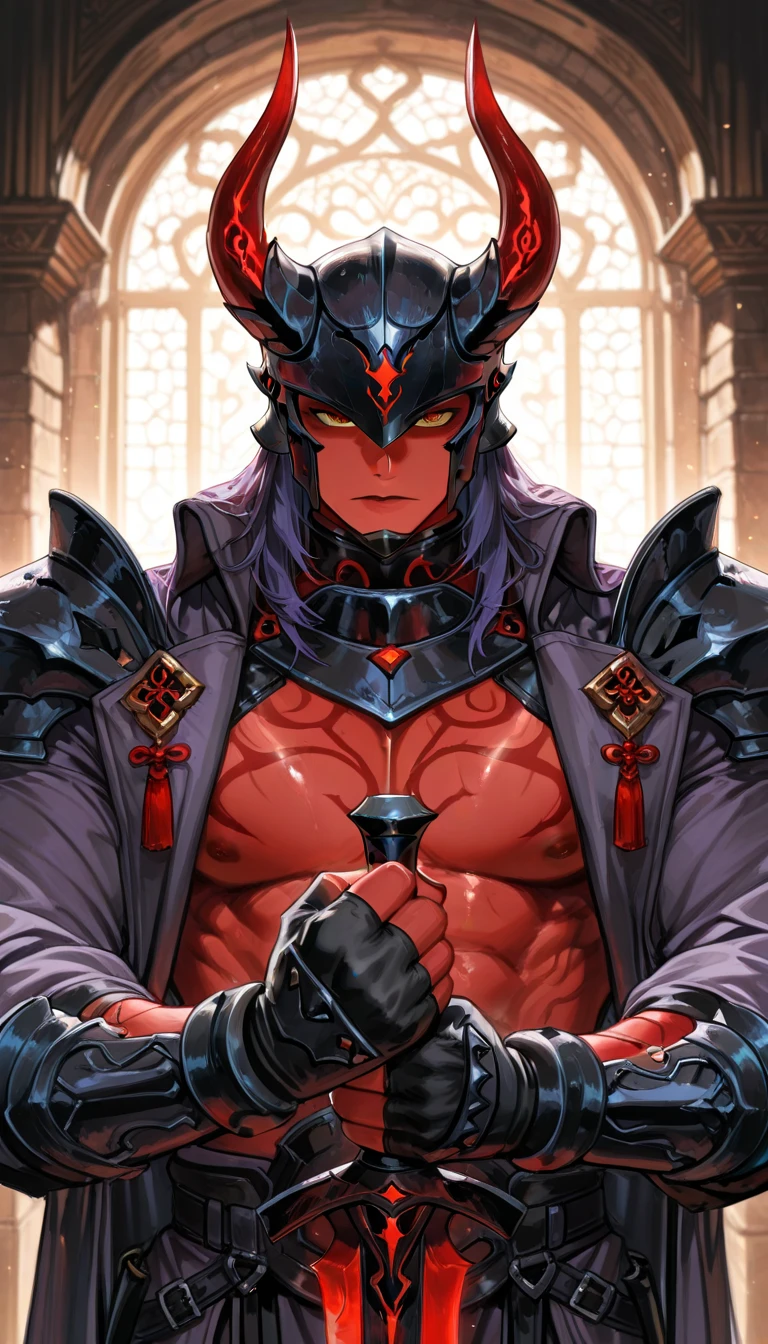 Red body,Blue hood,Slender and huge muscles,armor,Ready your spear,Muscles that are bulging,Evil atmosphere,Water Temple