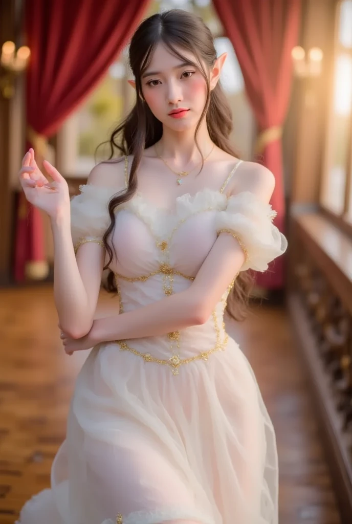 Sweet girl dress2,dress, ((full body)), ((from below)), yushuxin,1girl,solo, ((Stand up, against the ledge)), ((leaning forward)), ((Clear features, clear faces, clear faces)), red lips, makeup, close-up shot, elegant posture, enticing pose, perfect curves, slim, , , , beautiful legs, mesmerizing gaze, biting lips, messy long hair, simple casual scene, extremely detailed, ultra-clear, best quality, official art, exquisite earrings, delicate necklace, extremely detailed description, super fine painting, exquisite features, Elegant, beautiful, hyperfine details, master works, authentic texture, cinematic lighting realism, Masterpiece, best quality