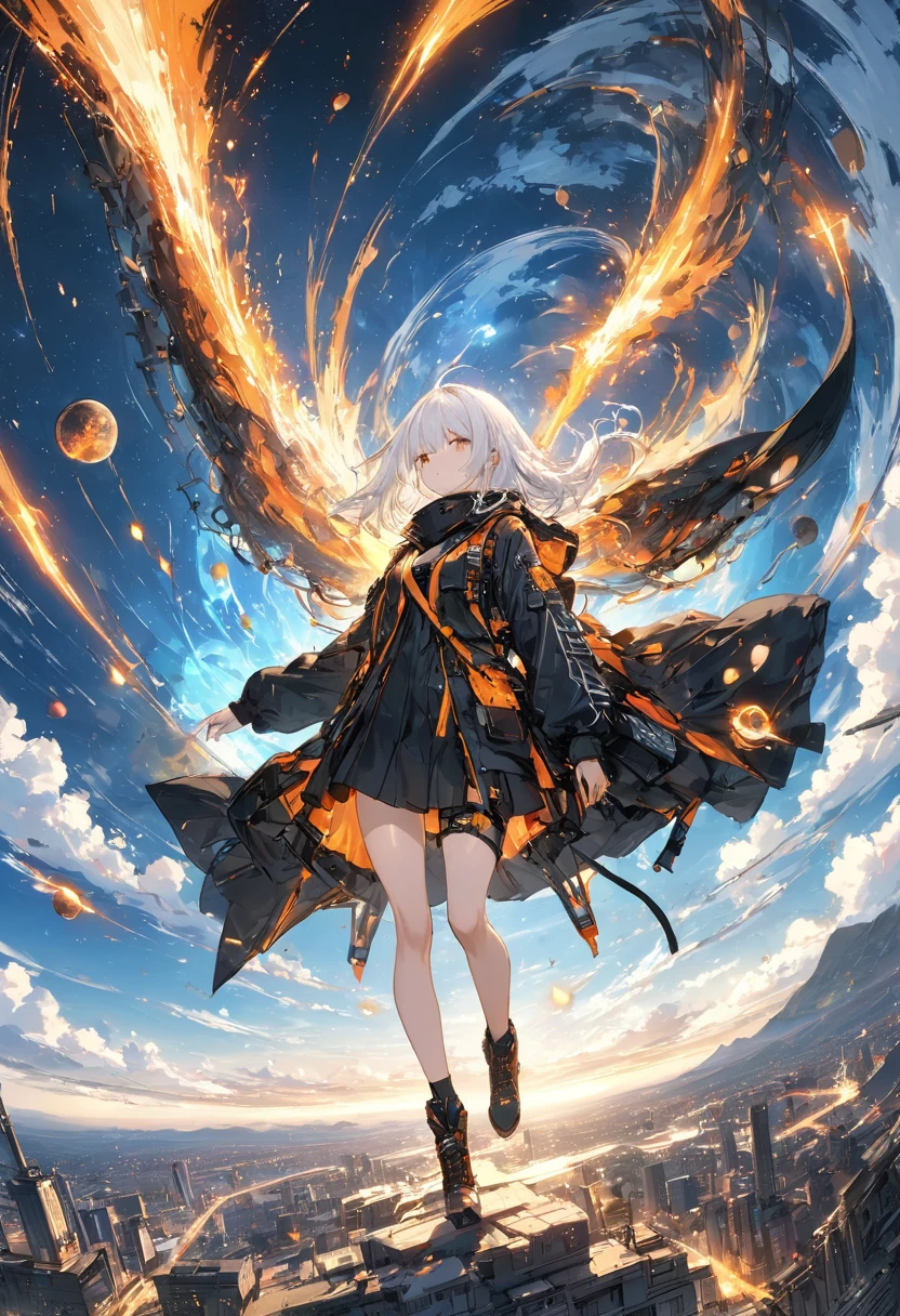 (((Fantasy　Long Hair　Dull red eyes)))　((There is a galaxy　uniform　Put on a coat without putting your arms through it　Lonely　despair))　((tears　gloves))　(((Broken glass)))　(Distorted Space-Time　star)　Catch the wind　autumn　Shining Background　Particles of light,