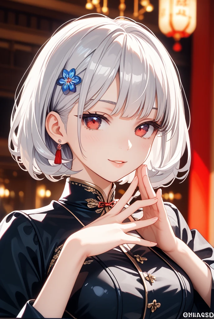 ((One personの女性)), Beautiful Face,embarrassed, ((Wink:1.9)),Laugh with your mouth wide open,Waving to the audience, ((Bright red cheeks:1.4)),Glossy red lips,night,rooftop,Festive decorations,You can see the ocean, firework,Lighting on the face,((Anime style background)),masterpiece, Highest quality, so beautiful,Latest, Complex details, (Pink long nails),(ring),(bracelet),(choker),AI-generated, Complex,High resolution, Highest quality, super high quality,3D Images、looking outside、3D Images,One person,Long white hair,High Ponytail,(blue eyes),Anime woman posing for a photo, ((Fine grain、Silvery white colorful eyes、Shining Eyes:1.4)),(Squint your eyes:1.1),a hyperRealistic , hyperRealistic , Realistic,Anime woman with long and white hair, Smooth anime CG art, A woman in a colorful kimono with gold embroidery, (Black long sleeve kimono),Red floral pattern,Long flower hair ornament,Big earrings,Mature Body,(Big Breasts:1.1),Tall,Abdominal muscles,Narrow waist,(Zoom in on face:1.8),Photographed from the front