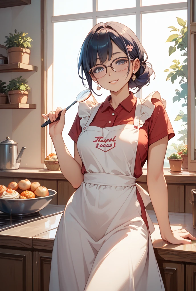 (Masterpiece, best quality, vibrant, high contrast, hyperrealistic, top quality, high sharpness, realistic, ultra realism, sharp, detailed clothes, highly detailed character, High Resolution, 16k, very detailed, Volumetric lighting, depth of field, cinematic, vibrant, dynamic lighting, dramatic light. Atmospheric effects. :1.3), 1girl, solo, 18 years old, ((Korean, Asian)), Pastry chef, adorable, long black hair pulled back into a low bun and tied with a sky-blue thin ribbon, swept bangs, strands framing her face, a little messy but intentional style., brown eyes, bright smile, shortstack, (Young adult, cute, youthful), Background: Small family owned Pastry shop, family owned, pots and pans, baking ingredients, window view of Seoul street, baking utensils, ((wearing a short-sleeved white v-neck shirt, black modern Baji pants, cute low-cut frilly sky-blue apron, Large black rimmed glasses)), lip gloss, black eyeliner, black flat shoes), Large-small perky breasts, Shortstack: "a woman who is 5'4" or below with a large chest, with an optionally large rear and other curves". Theme: A Young eighteen-year-old Korean girl starts her own pastry shop. Action: frosting cake on counter top with a spatula. kyomesug_yuu. thigh-length apron. frosting cake pose at counter top