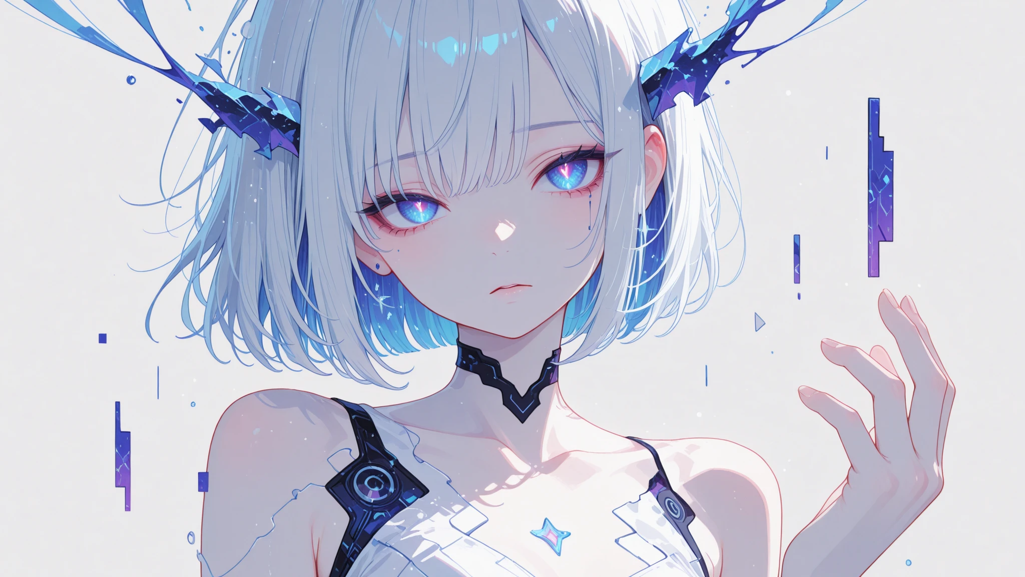 8k wallpaper，tmasterpiece，cinmatic lighting，top Quority，illustratio，Dramatic angles，（（a color：1.1）），（（Colored inner hair：1.4）），
1girll， solo， long blue hair， SakuraNS， Pink eyes， Cross necklace， parted lip， a white choker， liquid hair， Light blue hair， By bangs， By bangs， From the side Side， contours， The upper part of the body， blue hairs， anime kitchen backgound， pink back ground，   shoulders， sportrait， looking at viewert， white dresses， hairsbetweeneyes， colorfulhair， kitchen Background, Nebula, 耳 Ring，jewely, majestic, eating hamburger, table of foods, crowded 
