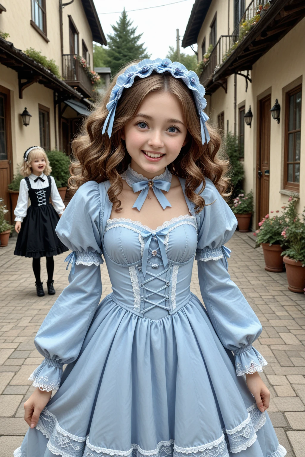 (ultra-detailliert), White cute princess dress,(frilly dress),(shortsleeves),Blue eyes,a closeup,Lovely smile,facing front, 20yr old, Girl in her 20s,no tail,(no tail),2D, ​masterpiece, top-quality, animesque, A detailed eye, A detailed face, girl with, Only 1 person,Silver-haired medium hair, (silber hair),  Ear Hair, small tits, Single braid, (Single braid), (Side braid), Pink ribbon, Ribbon around the neck, (Gray sleeves), Stand in front of the palace,