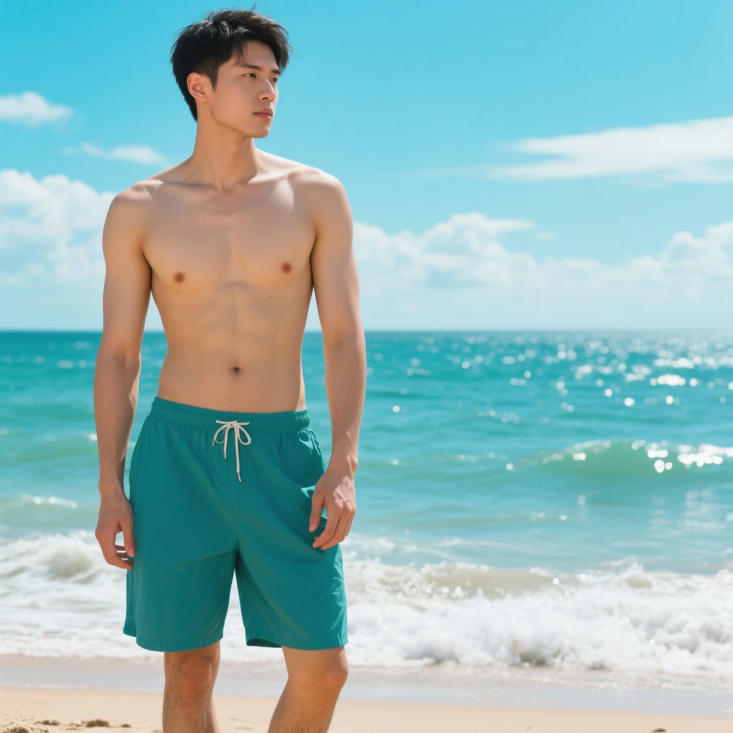 there is a man standing in the water wearing blue shorts, 190 cm tall, profile shot, young man with short, in style of thawan duchanee, in the ocean, , asian male, looks anime, vacation photo,