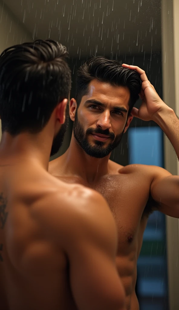 Image of A man taking a hot shower, for children 