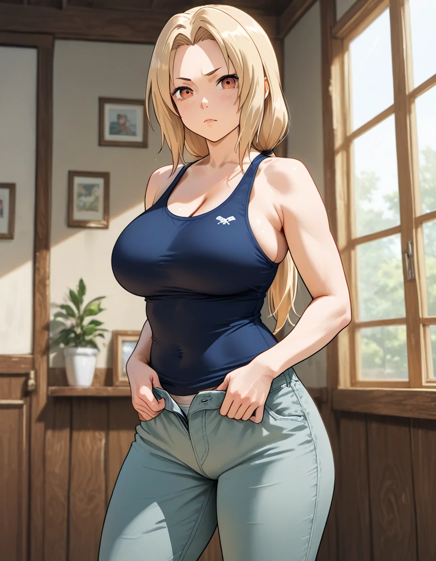 Close-up of a woman with long blonde hair, brown eyed woman, classic women, ???????????, had very ?????????????, Made at Anime Painter Studio, ????, clothing:white camisole, women romance, anime style, muscular woman, feminine and muscular, tall, camisole with an white, high school girl, adult ??? appeal, wore a tight skirt, Are standing, anime ????!!!!, ???? shoulders, ???? arms, from the front