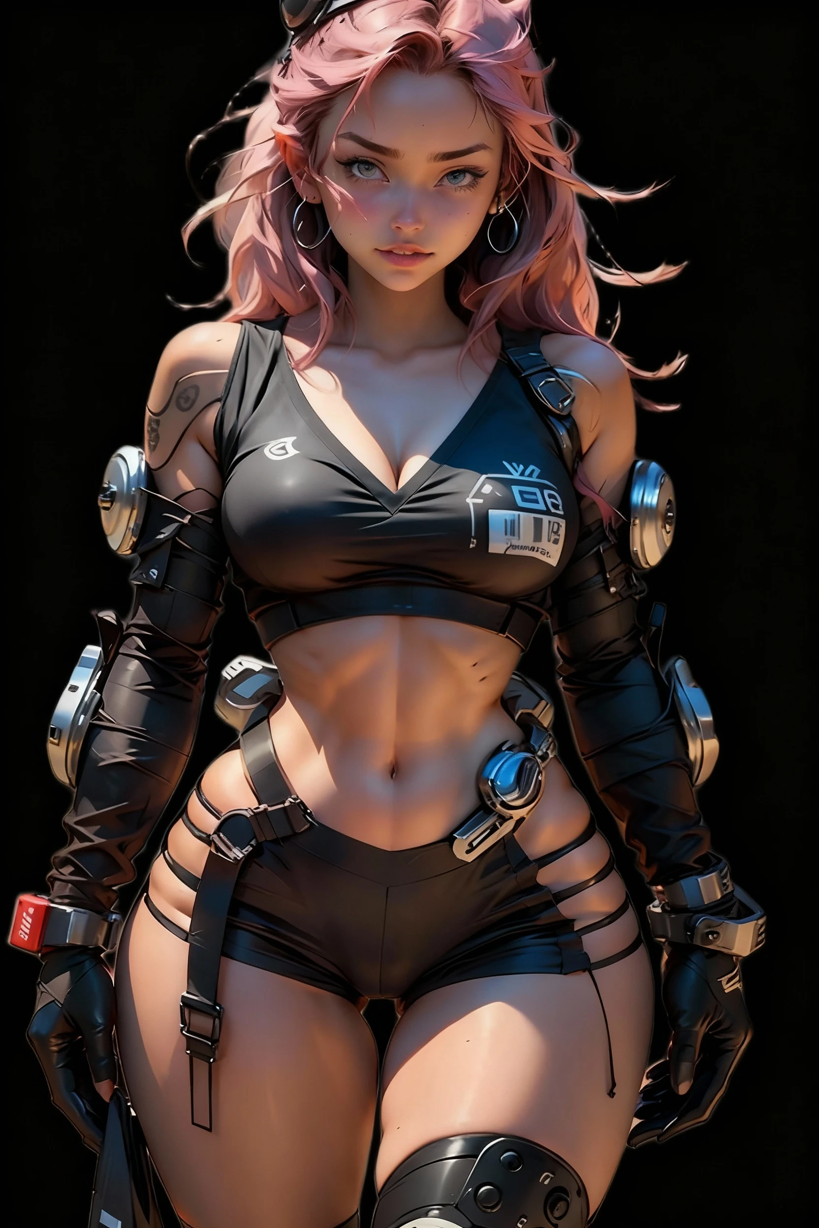 Woman body defined thick thighs cybernetic body parts, short , Maria Chiquinha blue and pink braided hair, gothic makeup 