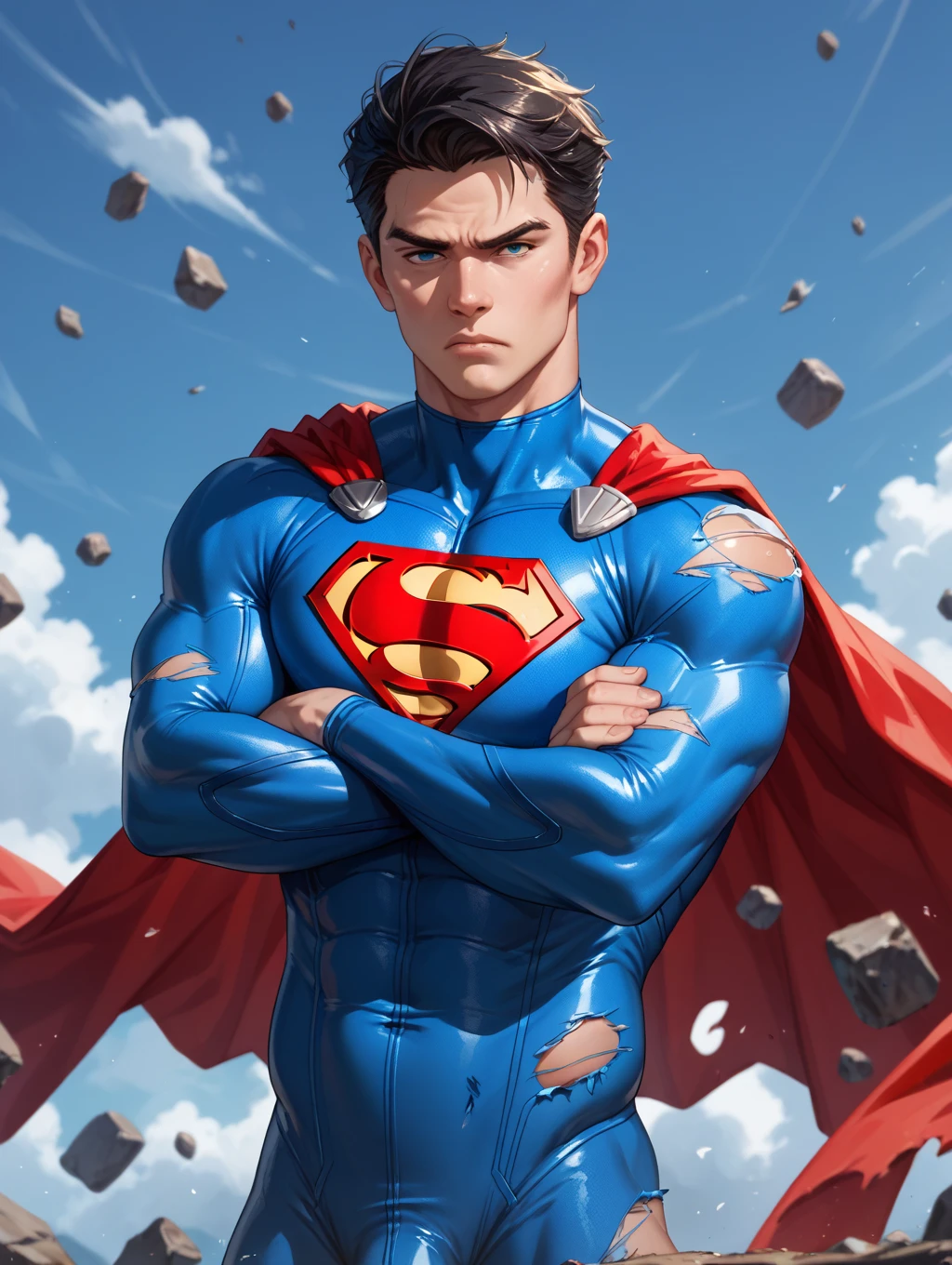 1boy, superman, abs, bara, black hair, blue , blue eyes, , cape, closed mouth, crossed arms, large pectorals, male focus, muscular, muscular male, pectoral lift, pectorals, red cape, short hair, outdoors, skyscrapers, solo, superhero, upper body , ((masterpiece))