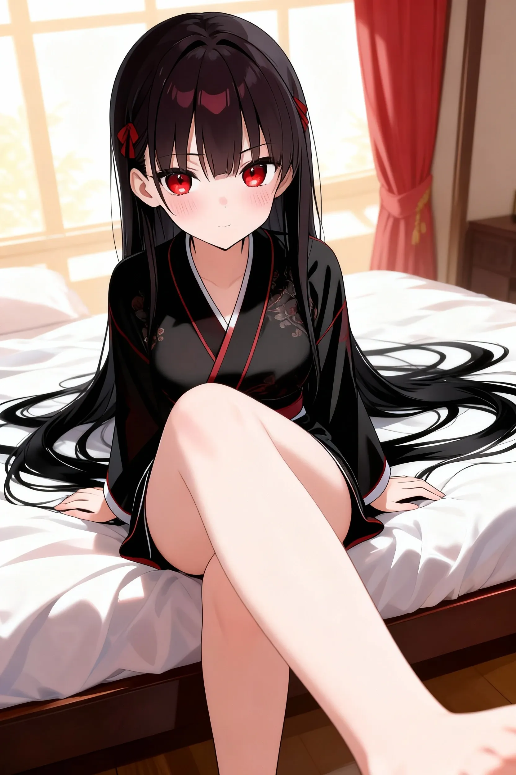 (8k, highest quality, Tabletop:1.2)、Ultra-high resolution、1 girl aged 15, Detailed face、Deep, dark eyes, Black plaid skirt, Black Hair, Long Straight Hair, White panties, Japanese-style room, Japanese cushion, sitting cross-legged