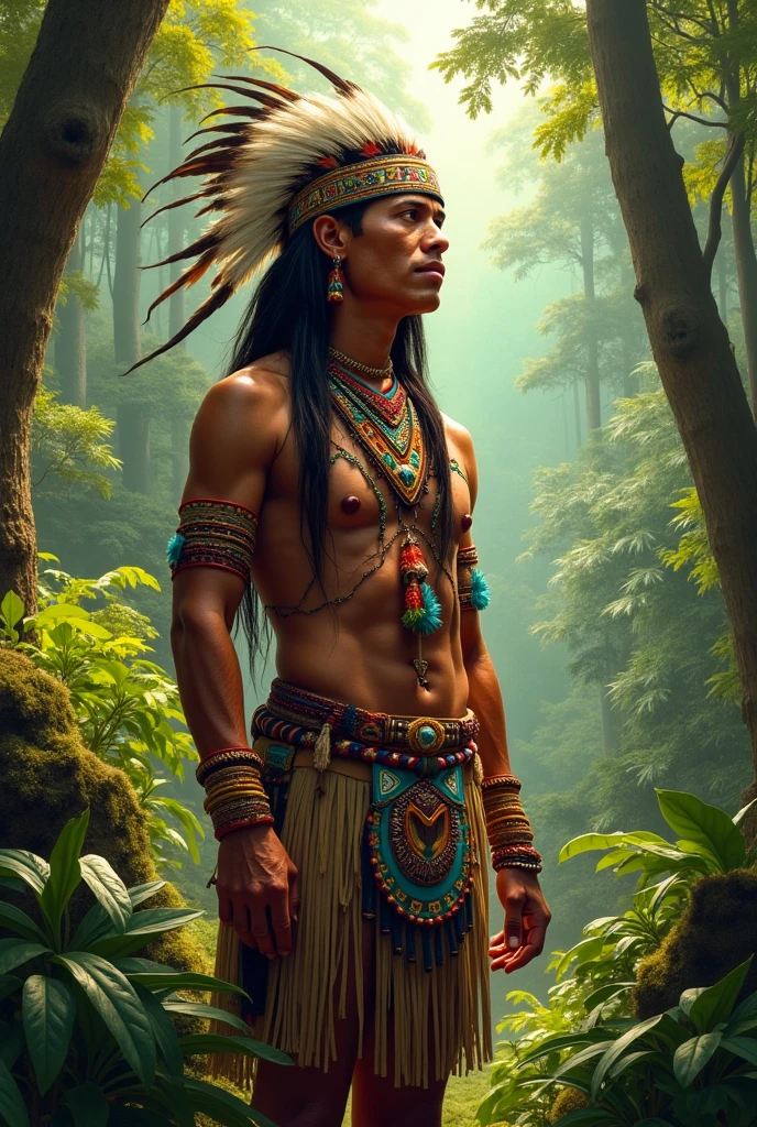 A hyper-realistic image of a male indigenous warrior with brown skin, standing facing forward near a river in the forest. He wears a traditional feather headdress with red on the outer edges, white in the center, and green in between. His feather skirt follows the same color pattern: red on the edges, white in the center, and green in the middle. He holds a bow with an arrow in his hands, looking focused and alert. The background features a calm river reflecting the surrounding dense forest, with tall trees, hanging vines, and sunlight softly filtering through the canopy. The details of his face, feathers, and natural environment are vivid and lifelike.