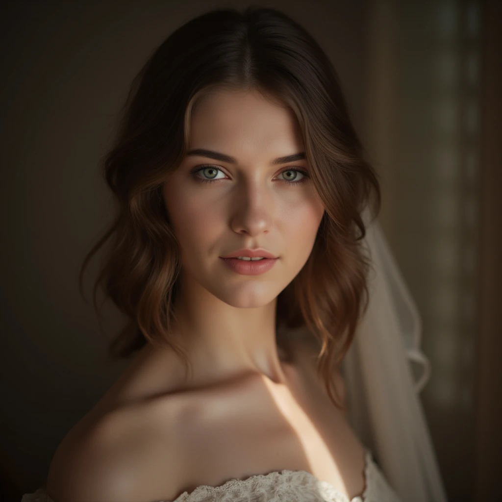 fotografia de retrato de filme, 1  girl, bareshoulders, visible , cabelos ondulados na altura dos ombros, sereno, calmo, (olhos realistas detalhados, textura natural da pele, detalhes realistas do rosto), soft dramatic lighting, profundidade de campo, Bokeh, detalhes vibrantes, finamente detalhado, hiper-realista, Filme 35mm, desfoque nebuloso, Filmg,