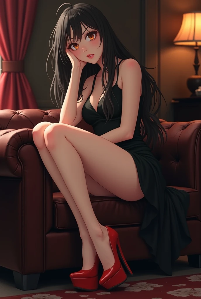 1woman, sitting, skirt, shirt, (full body:1), wearing platform heels, mules, high heels, muules..