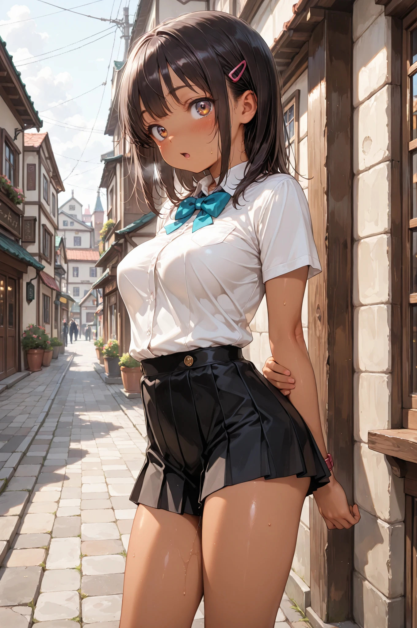 highest quality,wonderful,finely,extremely detailed CG Unity 8K wallpaper, (1 Girl,Black Hair, Blue Eyes,double bun, clothed), (on stomach:1.3),(), (School Swimsuit:1.2), (squatting,:1.3), (black stockings:1.1), (Thighs), (Waistline)
