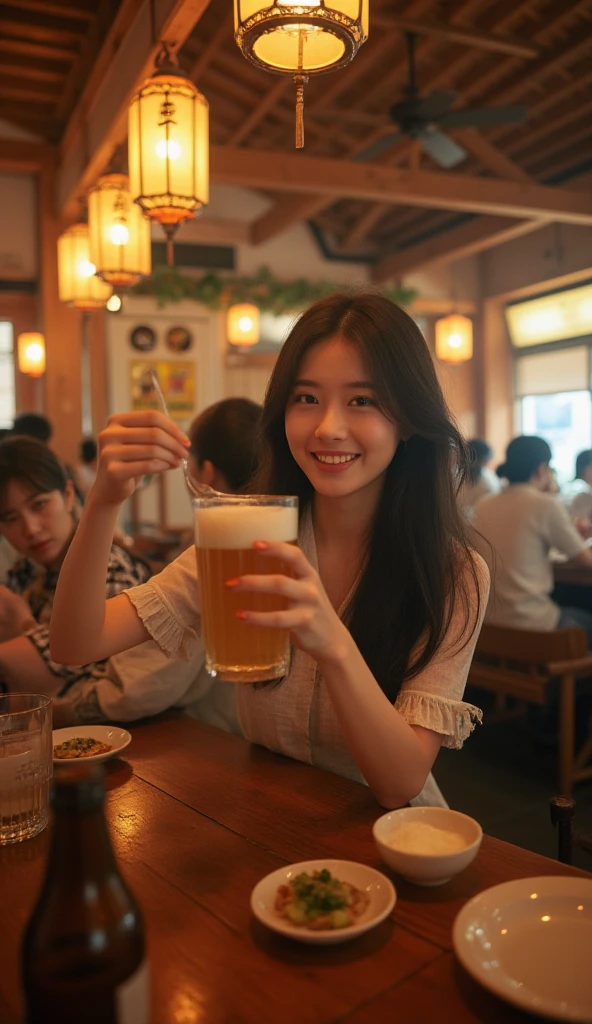 A very cute face like an idol、Looks like a young face、20-year-old female、Gentle and cute、A kind smile、Cleavage、A crowded bar、Toast with a beer mug、Natural light、whole body、RAW Photos、Genuine、Artistic、Real Stick、High resolution、Genuine Life、No copyright notice