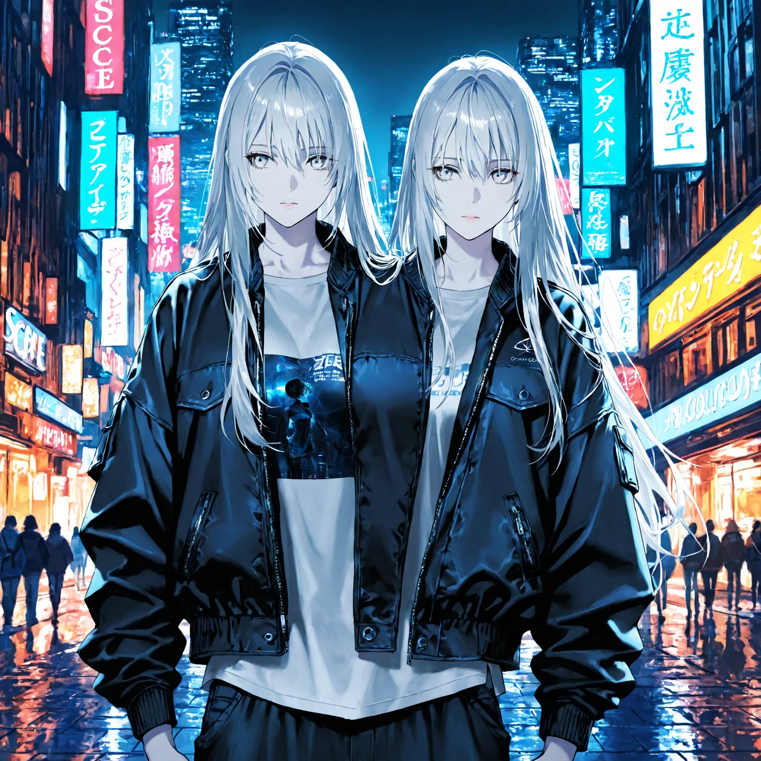 (((8k wallpaper，Extremely detailed CG :1.2, masterpiece, high resolution:1.2, Top quality:1.2))),A short-haired boy and a girl staring at each other,  (( yinji, White hair, Purple Eyes, Long hair, White hair,, Hands in pockets:1.8, Street Fashion:1.2, Wearing a colorful coat:1.2)), ( Off-shoulder), ((Empty alleys, night, Neon Street)), (High Angle)