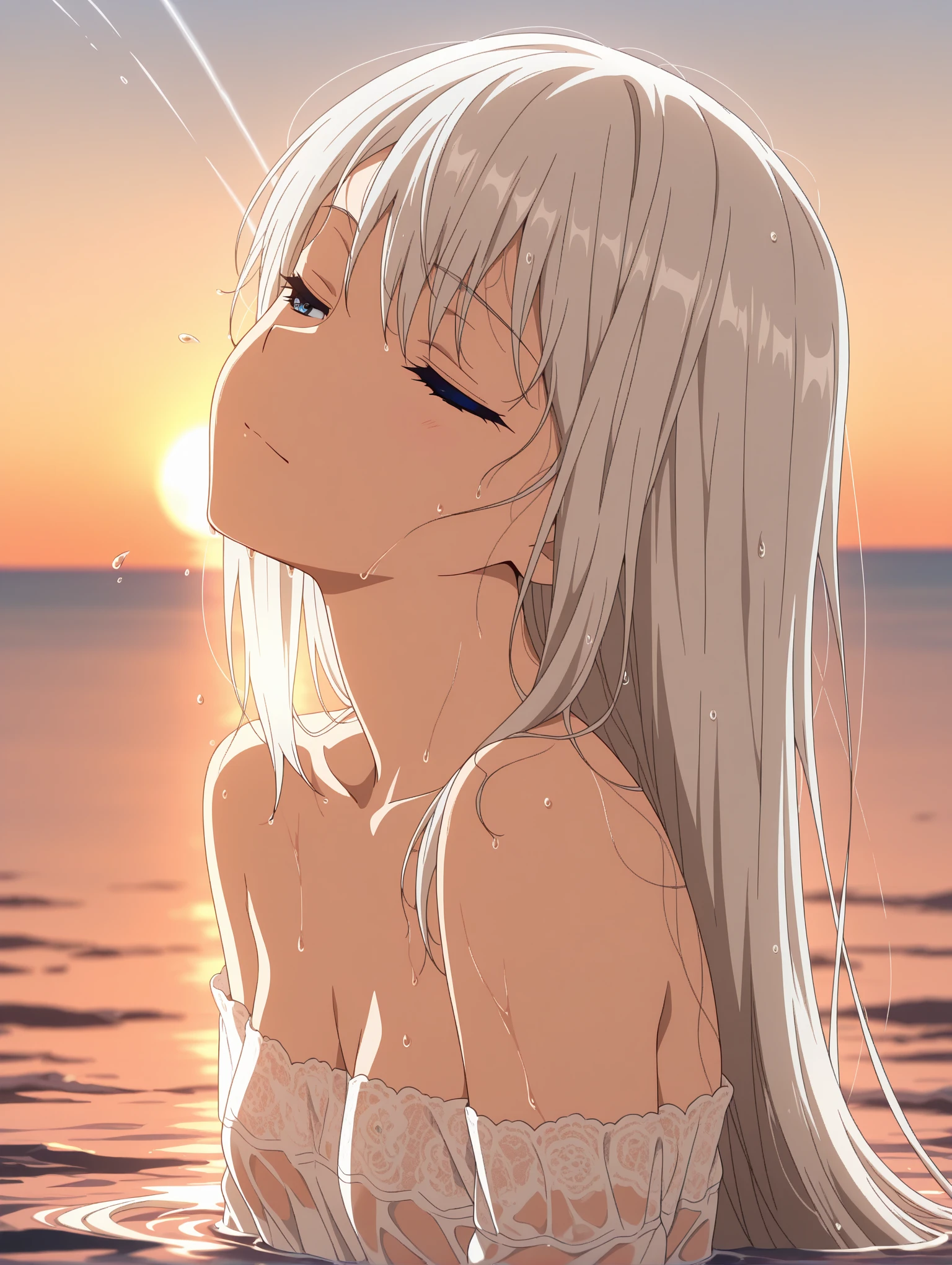 Beach，Look up，long white hair，Dark