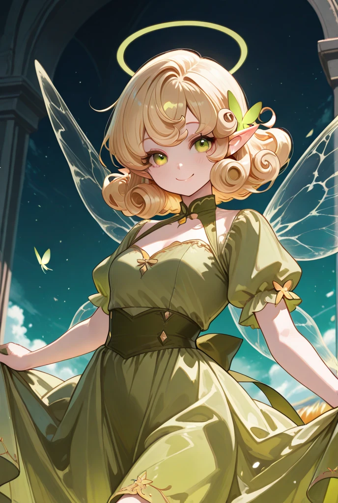 Flora is a young tan-skinned girl with long light-brown hair that has bangs framing on either side of her face where it has visible blonde streaks with a single small hair strand sticking up and narrow green-jade eyes. Flora's Winx fairy form outfit consists of a primarily fuchsia and orchid sparkling one piece,  shouldered corset dress that conceals a pair of mini shorts of the same color, and ankle-high high-heeled boots also the same color. A green choker with a pink colored four petal flower adorns her neck, and she has light pink wrist length fingerless gloves extending from above the elbow to the wrist with a single point down the back of each palm covering her arms. Her translucent undetailed wings are lime green and shaped like leaves. Her hairstyle remains the same as in civilian form. She also keeps her gold hoop earrings from her civilian form.