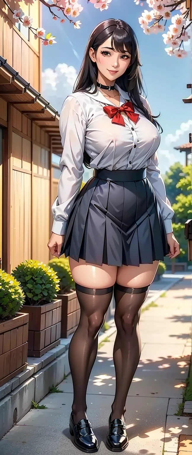 1 girl，high school girl，High Cut，(((Pointed Chest，smile，，Navy blue ，Pleated skirt，Very exquisite white ，Angle of view looking up at the sky，Black knee-high tights:1.8，Cowboy Shot ，)))，((From below:1.3，from below:1.8))，((highest quality, wonderful,8k, masterpiece :1.3)), (Realistic, photoRealistic:1.4)，（very fine and beautiful skin)，Very detailed,Cinema Lighting, Detailed light, Best Shadow, Dynamic Angle,Super big ，Voluptuous thighs，Poolside