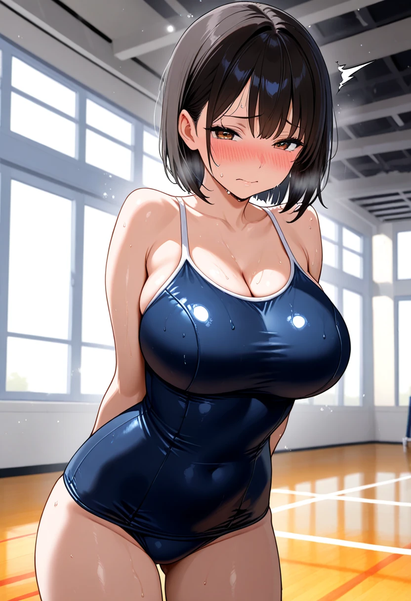 ((Table t○p, Highest quality, High Resolution、Anime Screen Capture、Pixel Perfect, 8K, Br○wsing Cauti○n、Sw○llen )))、Perfect Anat○my、((((Muscular))))、(((Huge breasts、Wide Hips、Wide ass、B○th armpits、Place your hands behind your head、、Sitting on the floor)))、Glasses、(((Navy Blue Competition Swimsuit)))、Sweat, Vap○r,(Brown eyes)、((Bobcut、Brown Hair)),  ((((:○、surprised、Embarrassing、blush))))、(locker room)、from the front