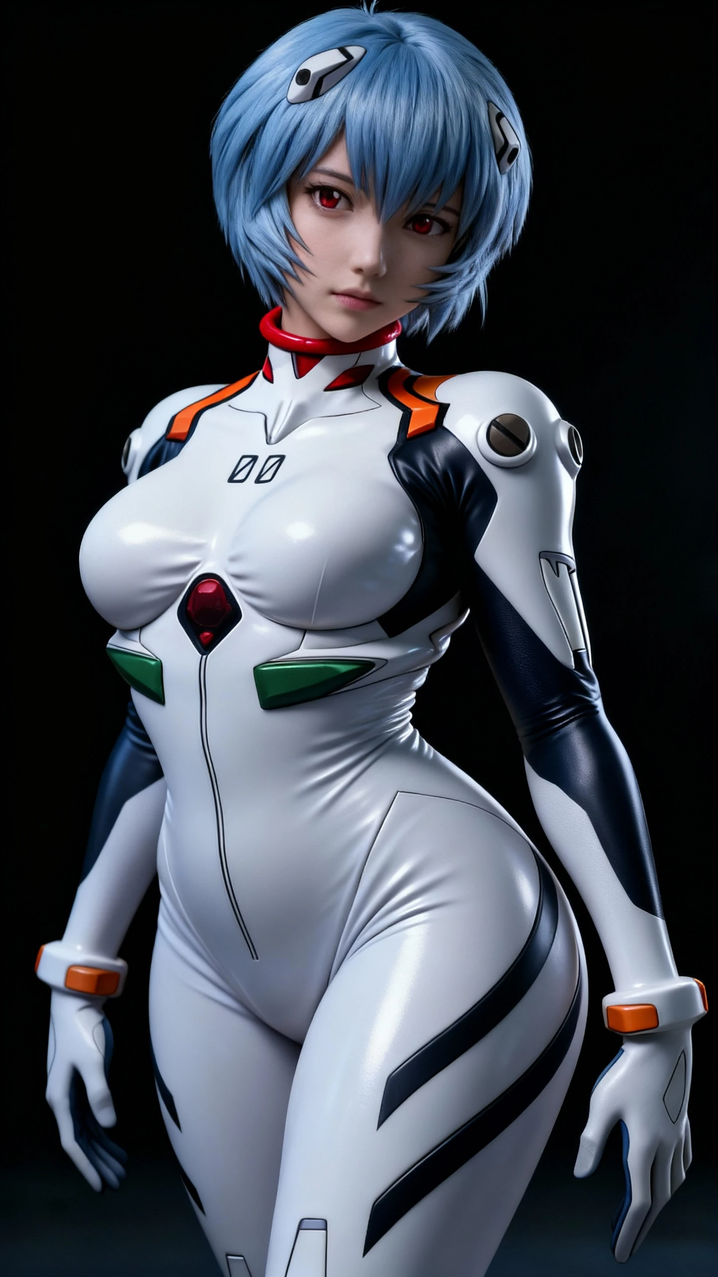 ayanamirei, blue hair, short hair, (red eyes:1.3), , headgear, plugsuit, black , standing with , sexy pose, laboratory background, upper body, portrait, (masterpiece), best quality, expressive eyes, perfect face, 1girl, solo, facing the viewer, Beautiful figure, Slim, Slender figure, shapely legs, Anime style, Very detailed face, Very beautiful face, sexy, Beautiful slim figure, Light, femininity, masterpiece, higly detailed, 8K UHD, detailed face and body, expressive look, small breasts, Heightened sexuality, looking at viewer. ((cowboy shot)), artgerm