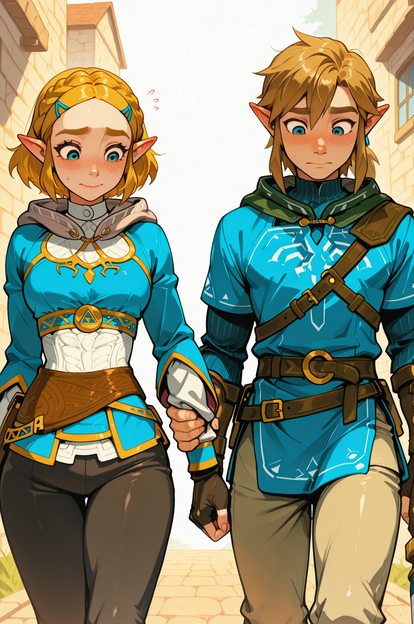 breath of the wild, princess zelda, ((( stain))), brown leggings, worried, embarrassed, (standing)