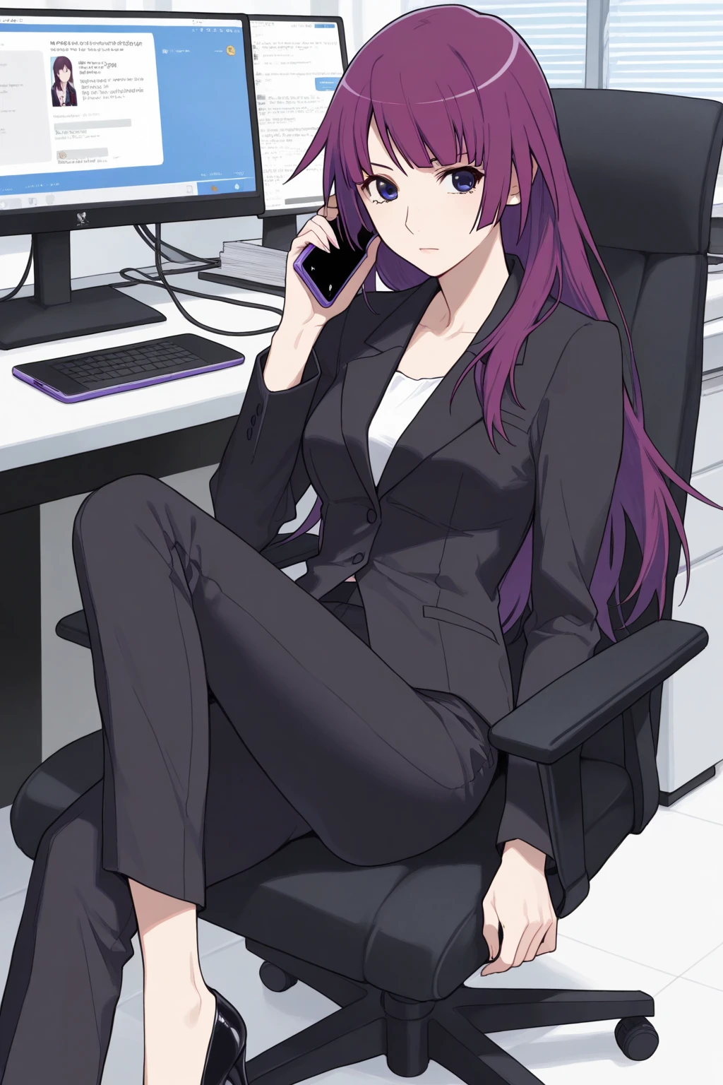purple hair,,long hairpurple eyes,(((office suit,)))(disgust,looking disgusted, abhore),in the office,sitting on the office chair
