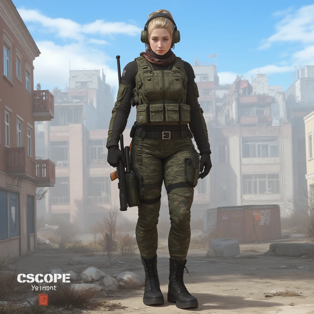 ela_(rainbow_six_siege), masterpiece, best quality, 1girl, solo, goggles, camouflage, backpack, hat, green hair, goggles on head, headset, realistic, short hair, jacket, upper body, headphones, military, looking at viewer, bag, lips, uniform, blurry