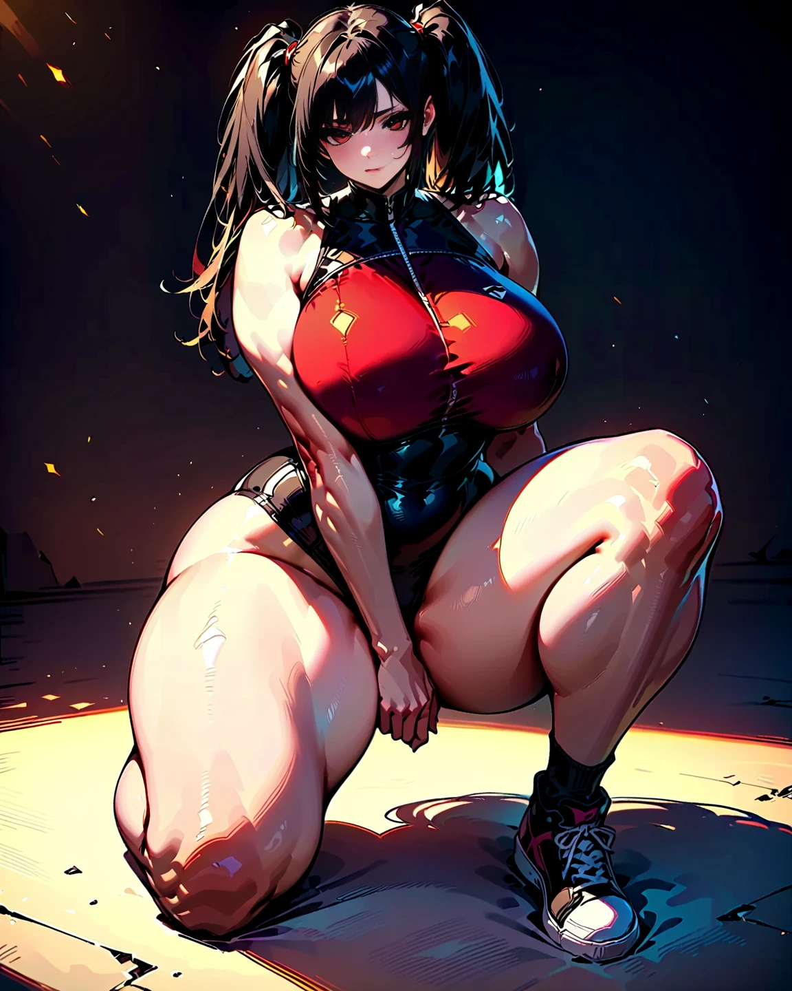 Best quality,8K,ultra high res:1.5),(Pretty very very long ponytail hair tied with red ribbon girl),(????????????:1.20),(very voluptuous body),(very voluptuous thigh),(body builder girl:1.5),(wide muscle:1.8),(light smile),(eyes to camera),(light black hair),(red bra),(grey short skirt),(???? abdominal muscles),(black shoes),(???????),(blue eye ball),(???????),(?????),(legs doing high kick)