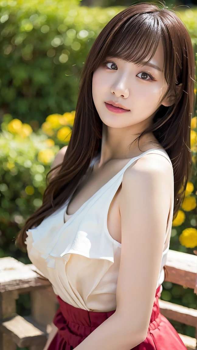 8K, Ultra-high resolution, Highest quality, masterpiece, 三分割法によるphotograph,Surreal, photograph, 1 girl, (16 years old:1.3), pretty girl, Cute face, Beautiful eyes in every detail, 細かくdetailedに,masterpiece,, One Girl:1.2, Japan Female Announcer,whole body,Young Wife,Girl with her back to the camera, evening, forest、Full of cleanliness,A carefree smile,Healing the heart,Semi-long layered hair,Looking at the audience、beauty,Long neck、Laugh a little、Please close your mouth and laugh、(((Ideal body type))),A-cup small breasts :2,、Portraiture:2、Perfect 、鮮明なdetailed、detailed、Surreal、Light and shadow,Strong light