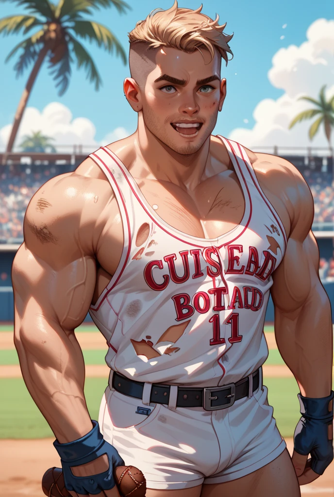 muscular boy , alone ,  , lying down, garden  , soft shading, standing , mbbbbb , smile , blue hair, green eyes ,() , white sleeveless shirt and blue shorts, hyper muscle, Huge muscle , bigs pecs muscle, bigs muscles , muscular thighs, muscular glutes, muscular legs masive muscles , ass muscle, light skin color white , Prince muscle , is waiting in the garden , macro muscle , muscle growth , too many muscles , yaoi , gay  , Prince boy 