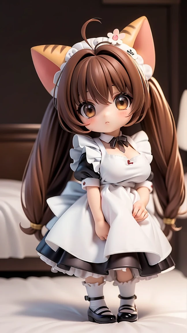 1girl, maid, ((twintails, brown hair):1.1), green eyes,cherry blossoms, sunbeam,(white thighhighs,:1.1)