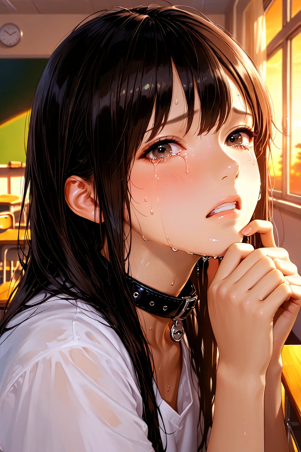 (Photorealistic: 1.4), Highest quality, Very delicate and beautiful, high resolution, Beautiful lighting, ((((Nothing Dark Background)))), 1girll, ff Tifa_lockhart, Upper body, Black T-bag, Lower breasts, bshoulders, Belly button, (Torn white shirt: 1.5), Black hair, Long hair, Elbow gloves, Beautiful detailed red eyes, Face light, From the side, (profile, Close-up: 1.5), , (Lie in anime-like realistic adult darkness, Leaning forward: 1.5), (arms tied behind her back), (Installation location), (Upper body), (Screaming, fear, Crying: 1.4), (Very wide open mouth), (Heavy tears, Tears), (Looking up), (Staring overhead), Wet eye makeup, Perfect face, (Ultra-detailed eyes, Nose mouth), (beg forgiveness), (( large amount of white translucent sticky liquid is splashed, the skin is wet)), drooling copiously,