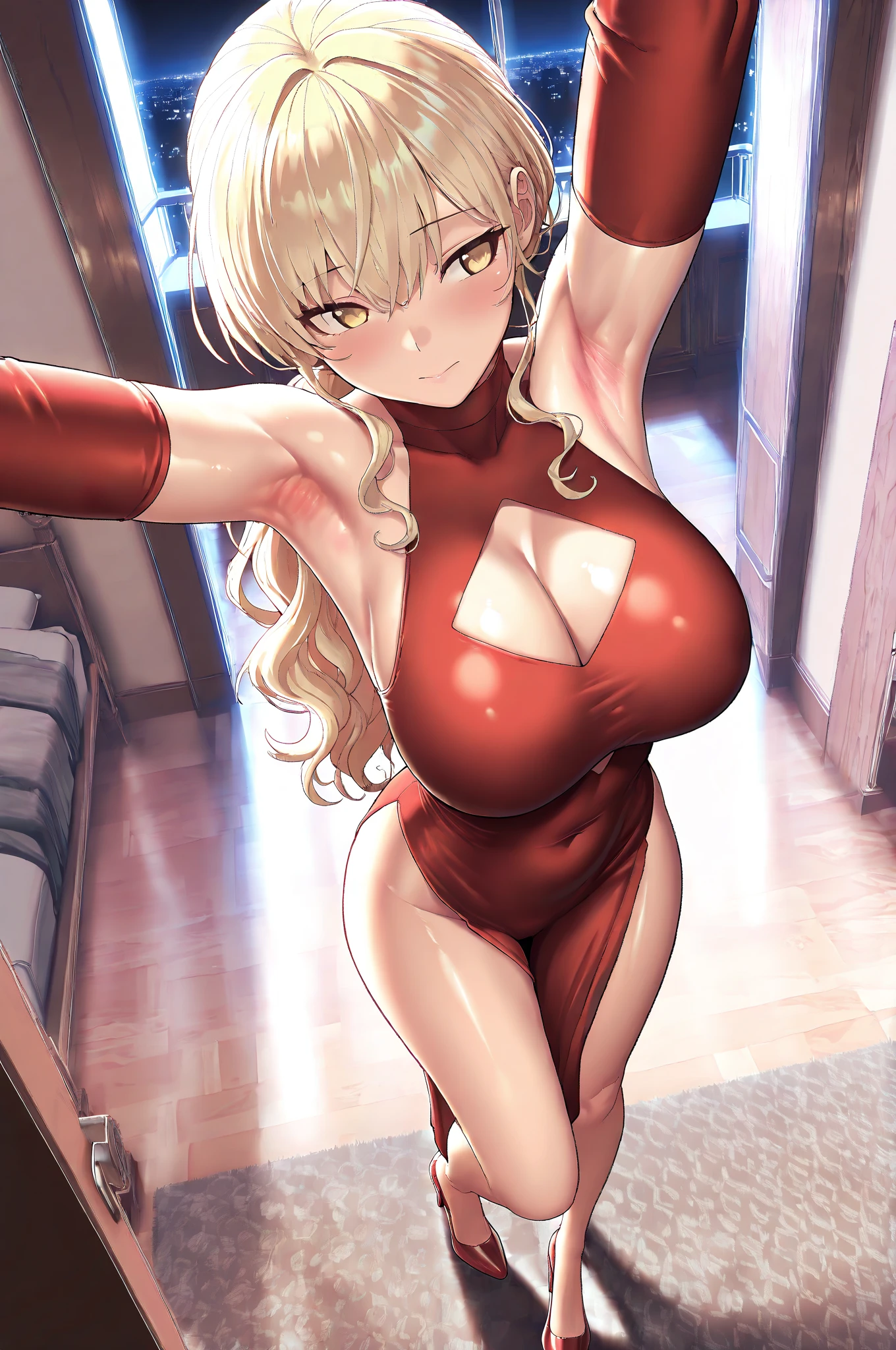 (masterpiece, best quality:1.2), 1girl, short curly blonde hair, glowing red eyes, ?????????????, choker, playboy suit, indoors, lights, blush, timid