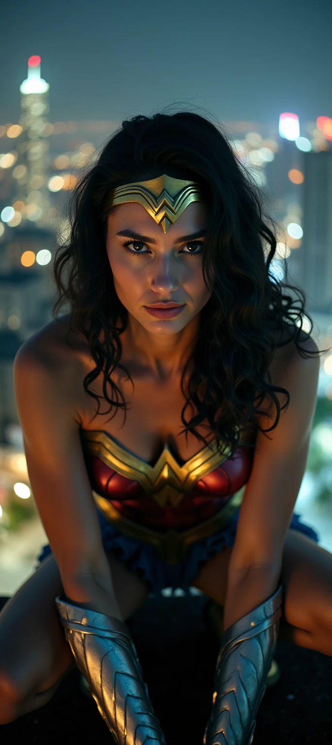 Wonder woman kneeling ties up  with her golden lasso, the lasso is glowing a golden yellow, hands bound behind her back, high angle, fish eye lens, close up on face, beautiful, stunning, perfect eyes, glamour makeup, , perky breasts