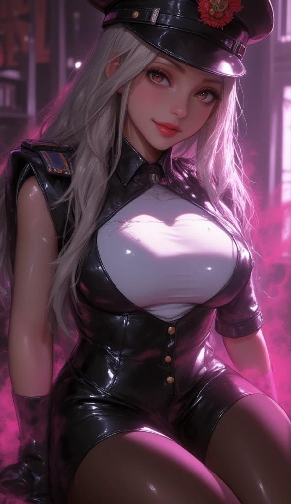 (Best Quality), ((Masterpiece),,  (Detail: 1.4), 3D, A Beautiful Cyberpunk Woman, HDR (High Dynamic Range), Ray Tracing, NVIDIA RTX, Super-Resolution, Unreal 5, Subsurface Scattering, PBR Textures, Post-Processing, Anisotropic Filtering, Depth of Field, Maximum Sharpness and Clarity, Multi-layer Textures, Albedo and Highlight Maps, Surface Shading, Accurate simulation of light-material interactions, perfect proportions, Octane Render, two-color light, large aperture, low ISO, white balance, rule of thirds, 8K RAW, realistic, (dignified fluff, perfect proportions, bright eyes, light makeup, big black eyes, pink and moist lips), white hair, big black eyes, cold storage, sharp eyes, flowers, (masterpiece, realistic, high resolution), ((1 girl): 1.2), ((white wavy long hair): 1.3), (business ???? suit, office documents, sitting at desk, playing with mobile phone), ((???????????): 1.5, thin waist: 1.2, strangled thighs: 1.3, fair and moist skin)