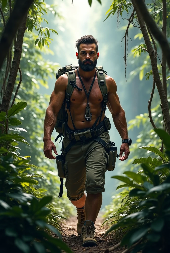 Lush green forests with dense and beautiful trees, there is a flowing river with clear water, beautiful and fresh forest views, cool morning dew, and a man meditating on a rock, have six pack abs and biceps triceps