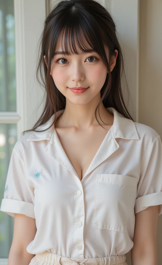 Best image quality, Focus, Soft light, Black hair, (Japanese)), (((Front, 15years old))), (Depth of field), Ultra high resolution, (Real: 1.4), RAW photo, ((( 裸エプロン))), smiling face
