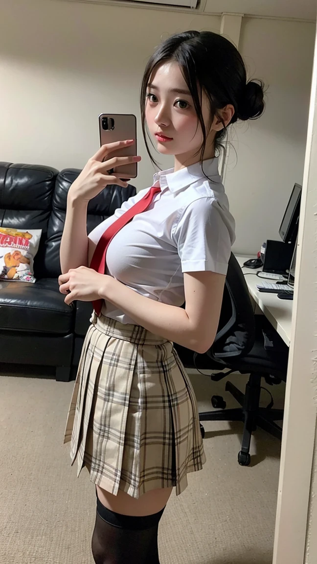 ((beautiful anime eyes with fine detail)), realistic skin, (intricate details), best lighting, depth field, ((ultra high resolution, high res)), {highres}, {{very fine 8KCG wallpapers}}, {{very precise detailed}}, ((((masterpiece)))), 1girl,teenager, Blushing and shy expression,???????, (exual arousal:1.7), ((japanese uniform)), (shirt lift myself),((showing nippls)),((uniform mini skirt lift by myself)),(tie),black socks, slender, (flat ?????), (mirror,smartphone,selfie)