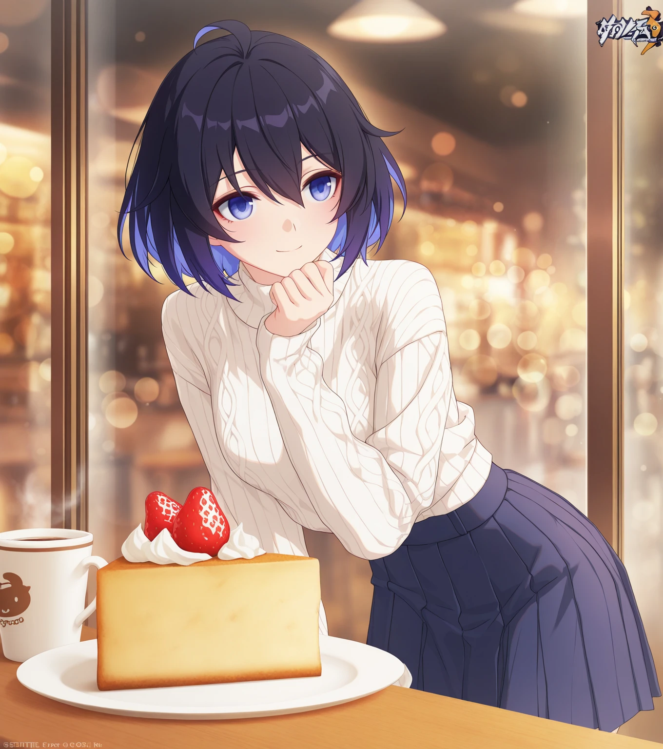 4K, (work of art), highest quallity, 2d, ((rebeld girl)), (teenage anime girl), holding a cake, selfie, short hair with long bangs, heterochromatic eyes, ssmile, full height, clean eyes, black eyelash, (intrincado detalhado), dramatic, makoto shinkai, purple eyes, in your room, aniversary
