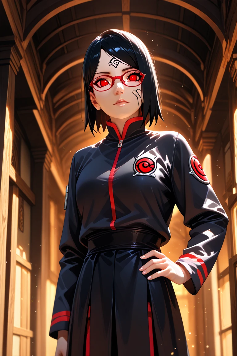 (Sarada Uchiha,short hair,black hair,glasses),full body picture Unreal Engine 5 8K UHD of beautiful girl, green Japanese style long hair, wearing futuristic black tight battle suit, half face mask, futuristic neck collar, grass green light details, best quality, masterpiece，Big Breasts