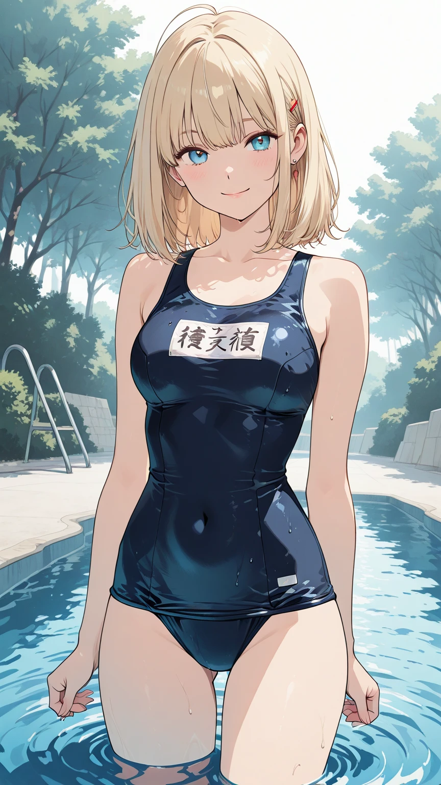 
Blonde, (short hair:1.2)、((Illustration of a person))、Big Breasts、
View your viewers,, (Highest quality:1.3),blue eye star piece、Highest quality)、Highest quality, Ultra-high resolution, (((masterpiece))), alone, Sweat、Big eyes、Big Breasts、One Girl, Front view、Embarrassed face、Bronze colored hair、((short hair))、One Girl, alone, blush, Big Breasts,
 arms, Wet, Pool, 青いSchool Swimsuit, Thighs, Place your arms at your sides,  arms, Cowboy Shot, Are standing, School Swimsuit,bite、High Leg、mansuji