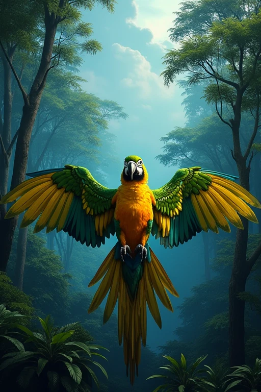 A photography full body shot of beutiful colour parrot. Spread wings. On the man shoulder. Capture the details of expensive brush strokes. dynamic composition, dramatic lighting to create a cinematic forest and blue sky atmosphere.. National geographic quality images