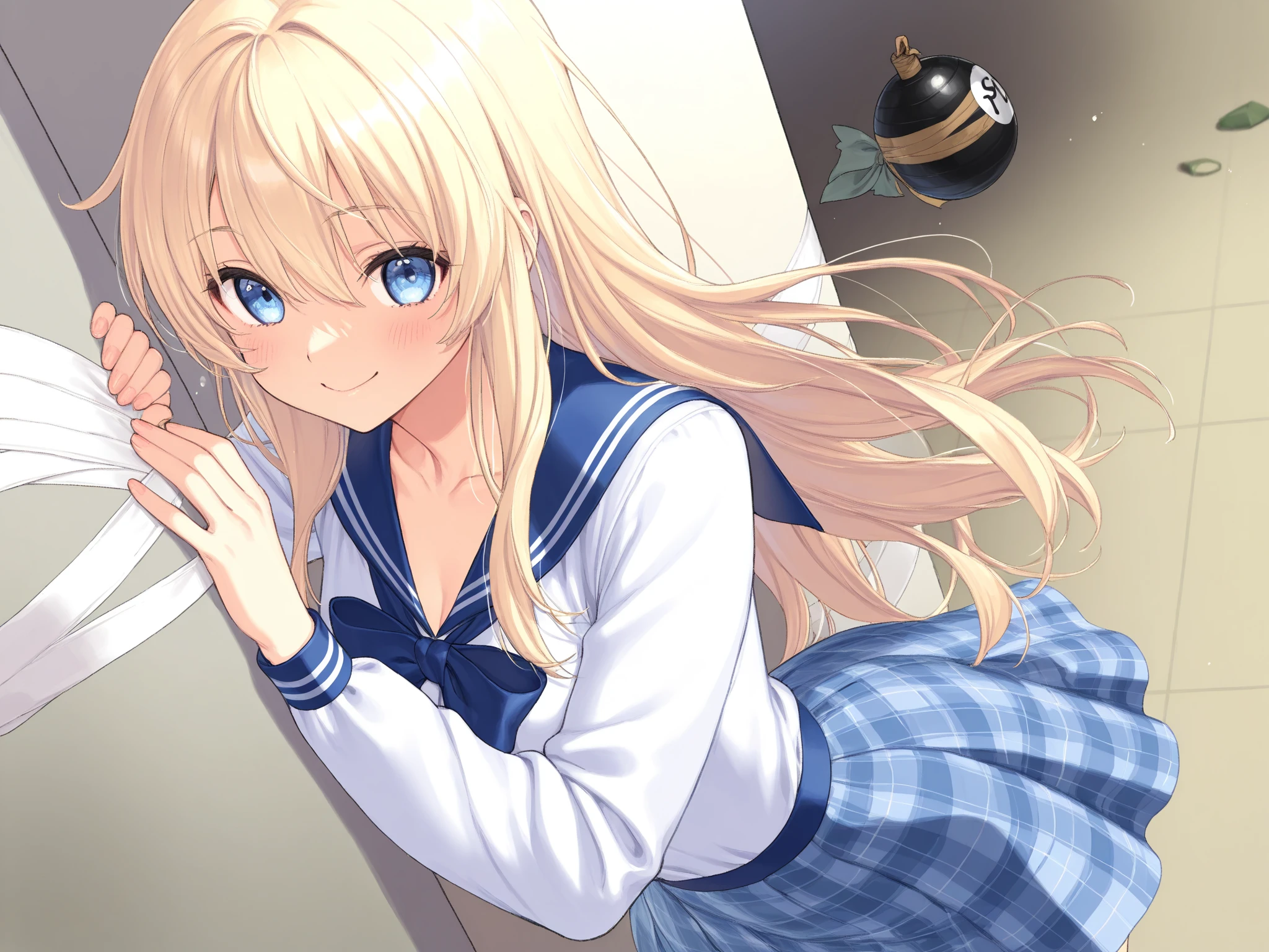 (Tabletop), Highest quality ultra-detailed CG art, high school girl, White :1.2, Embarrassed look, Bright Blue Eyes, Hair shining with ultraviolet rays。(narrow-focus shot), The background is stationary.、、There is a striking motif in deep blue.。 Body Type、Blonde Hair、Meticulous feet、Beautifully aligned fingers
