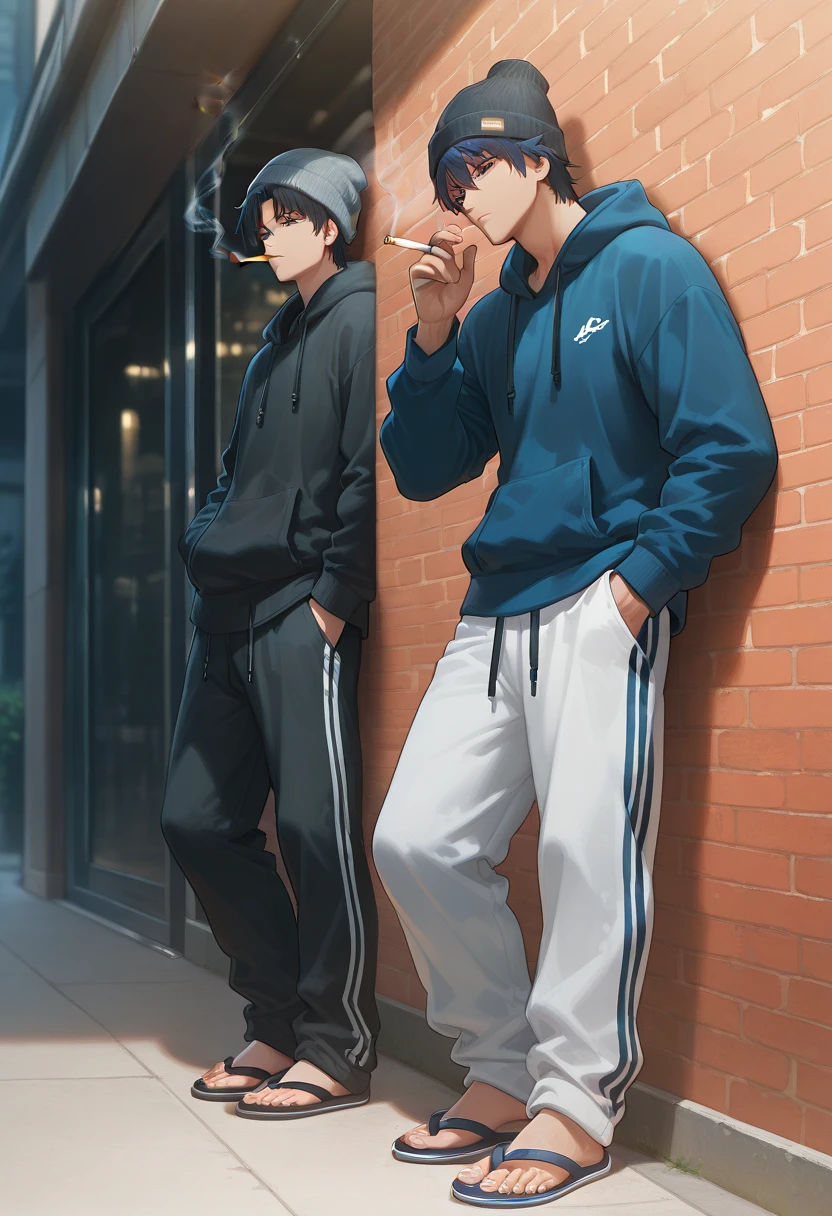 highest quality、masterpiece、Short black hair with natural curls、One boy、Blue eyes、24-year-old college student、Black and purple glasses、hoodie、Black sweater、Brown trousers、sneakers、whole body、White background