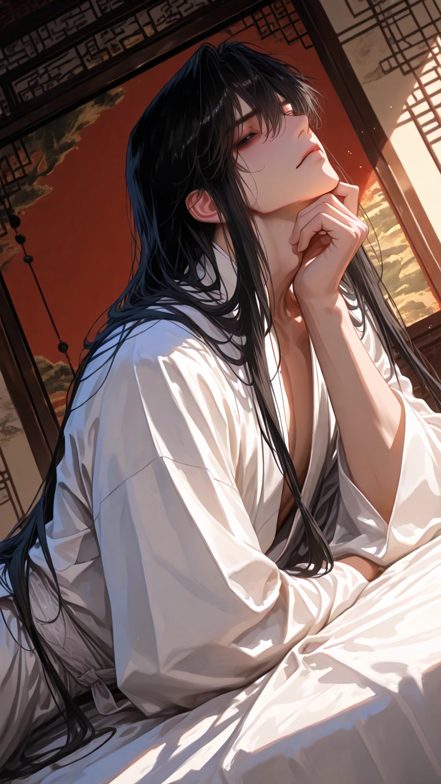 (​masterpiece、top-quality、hight resolution、Unity 8k Wallpaper、extremely details CG:1), A lonely widow in an elegantly furnished bedroom is depicted during a quiet night. She sits on a plush bed, the dim light casting soft shadows around her. Her expression is one of deep longing as she clutches a pillow to her chest, her eyes slightly closed as if lost in a distant memory. Despite her refined and modest appearance, there is a subtle hint of desire in her gaze. The atmosphere is filled with a poignant mix of loneliness and a faint yearning for human touch, capturing the rare moment when a virtuous woman allows herself to feel a hint of desire. 