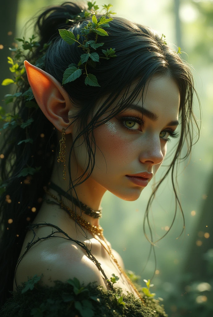 looking back elf girl portrait, curly two braid long hair, in a jungle, wearing elf dress, 8k, RAW photo, best quality, masterpiece, high detail RAW color photo, dramatic lighting, cinematic lighting, back light, professional lighting