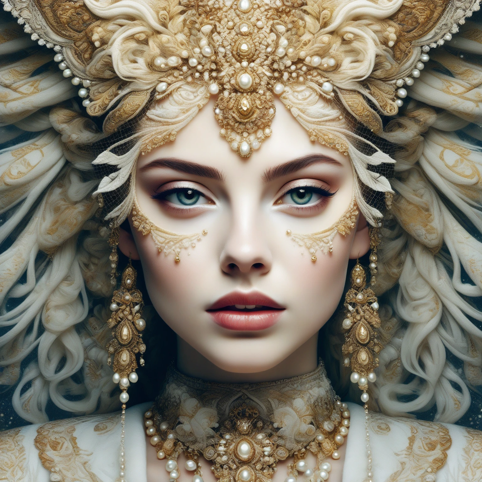 (masterpiece, best quality:1.2),Grotesque Aesthetics:1.56， Ugly faceless person，There are many eyeballs growing on the skin of the face，teeth， Solitary，black background，crown，veil，hand，Pearl Necklace，Feather wings