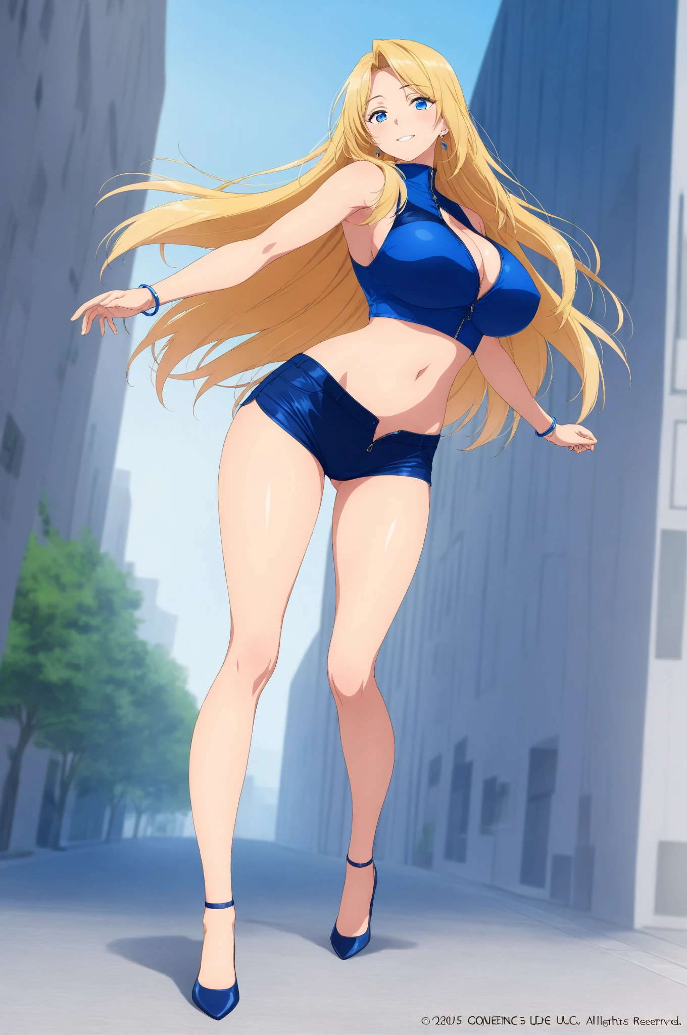 clouds, gtscity, cityscape, giantess, elf, ??????, blue eyes yellow hair, angry, big ????,thicc, 1 girl, perfect hand, perfect legs, perfect foot, buildings, hight quality,  tiny people, tiny helicopter, tiny planes, fog, destroyed tiny city, very ????, disappointed,